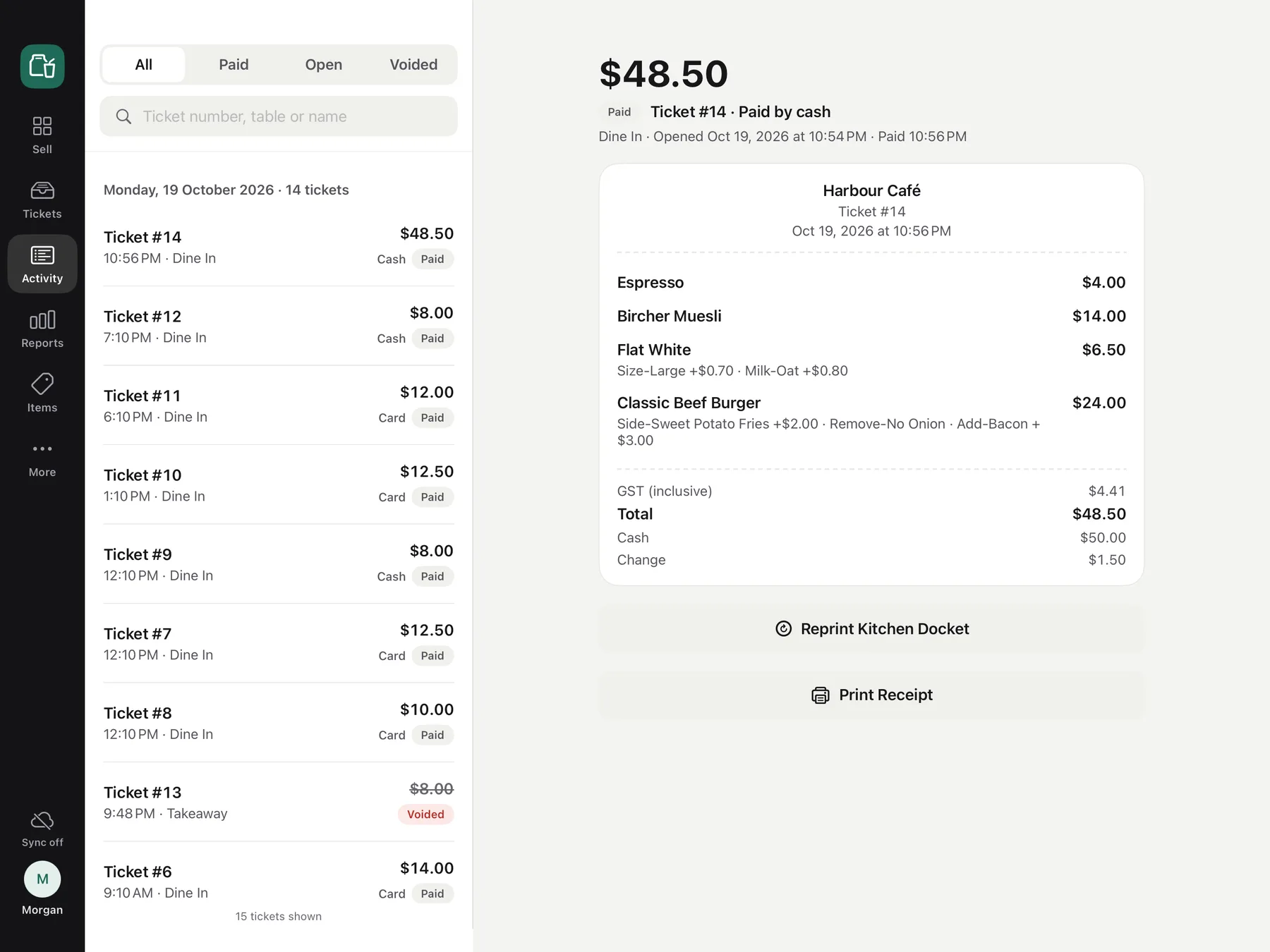 The Order Deck Activity screen on iPad listing the day's tickets beside a paid ticket's receipt