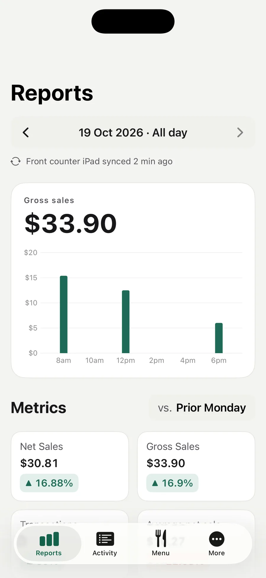 Order Deck Admin on iPhone showing today's sales report