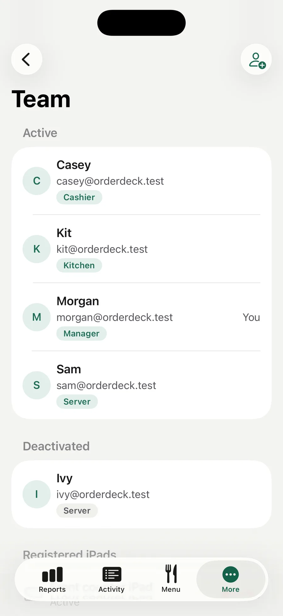 Order Deck Admin on iPhone showing the team list with each person's role